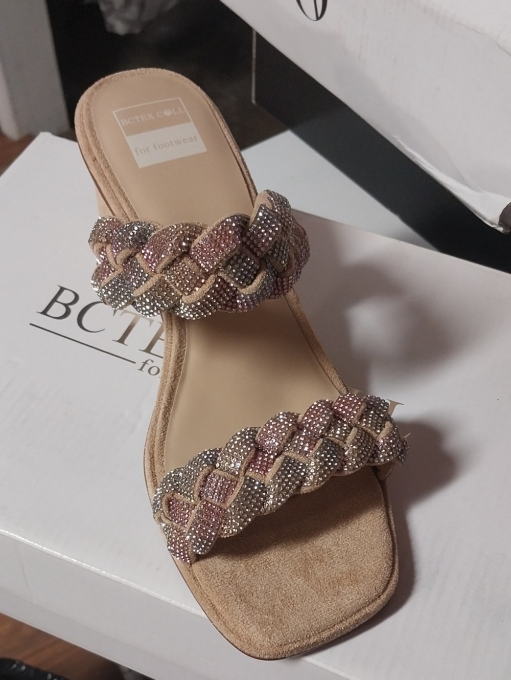 Braided Rhinestone Slide Sandal in Beige and Pink - Women's - Picture 1 of 3